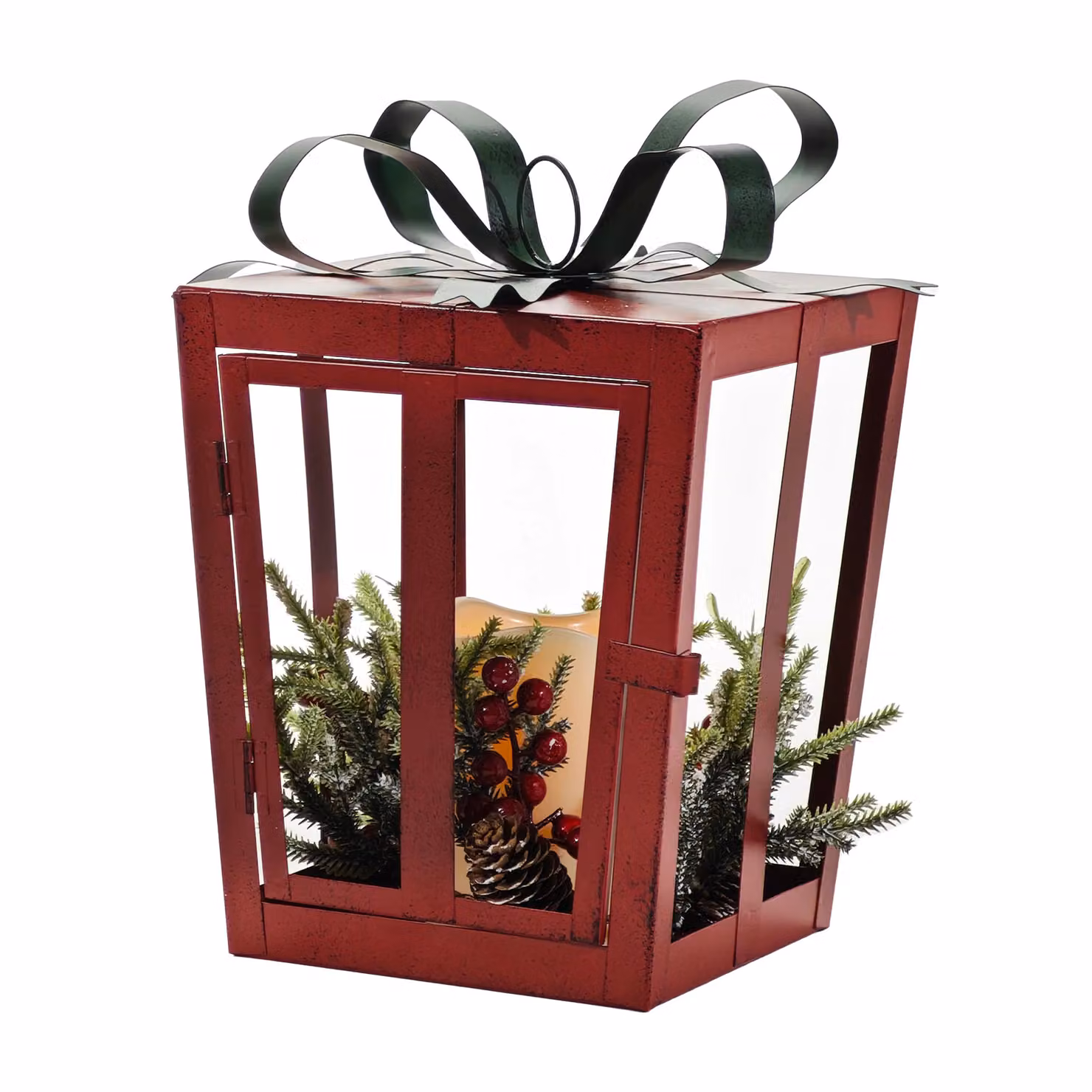 Lanterna Natalizia Luminosa DICTROLUX Rossa con base in legno e dettagli in metallo, Altezza: 28 cm – 3