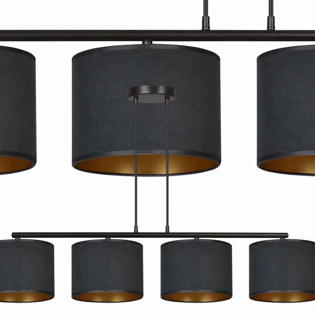 Lampadario a sospensione Emibig Hilde con 4 luci E27, design moderno in metallo e tessuto, colore nero e oro, dimmerabile e con altezza regolabile – 2