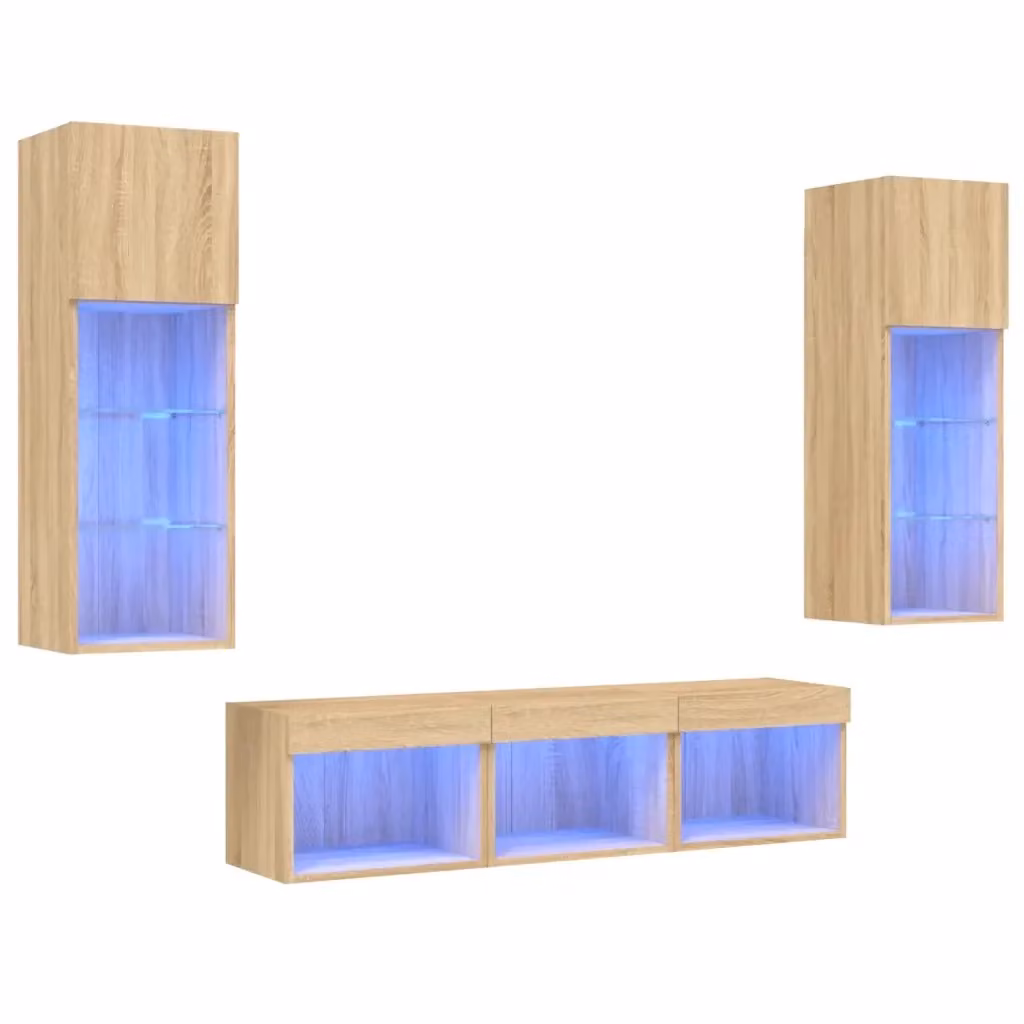 Mobile TV a muro vidaXL con LED in legno rovere e MDF, set da 5 pezzi, colore marrone/beige, L: 40 cm, P: 30 cm, H: 30 cm – 2