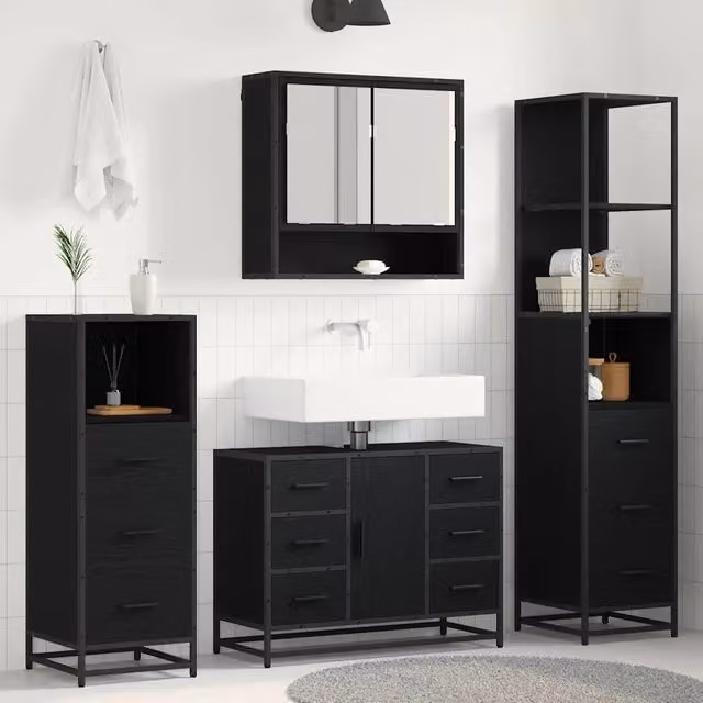 Set di mobili per il bagno 3 pz Rovere Nero 35 x 37,5 x 166 cm 3402493