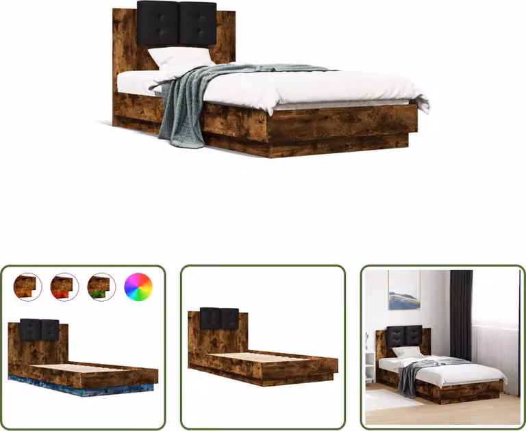 The Living Store Struttura letto con testiera e luci LED rovere fumé 90x190cm