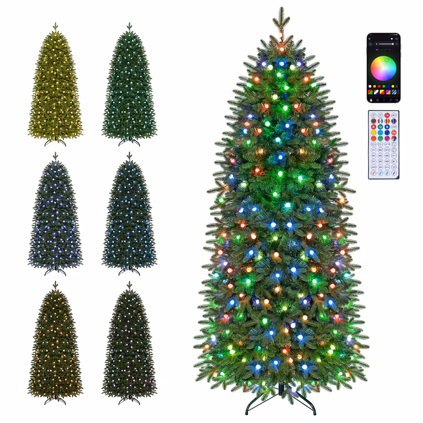 Albero di Natale Slim Artificiale Costway con Luci LED RGB Multicolore, Base e Telecomando, Verde, H 190 cm