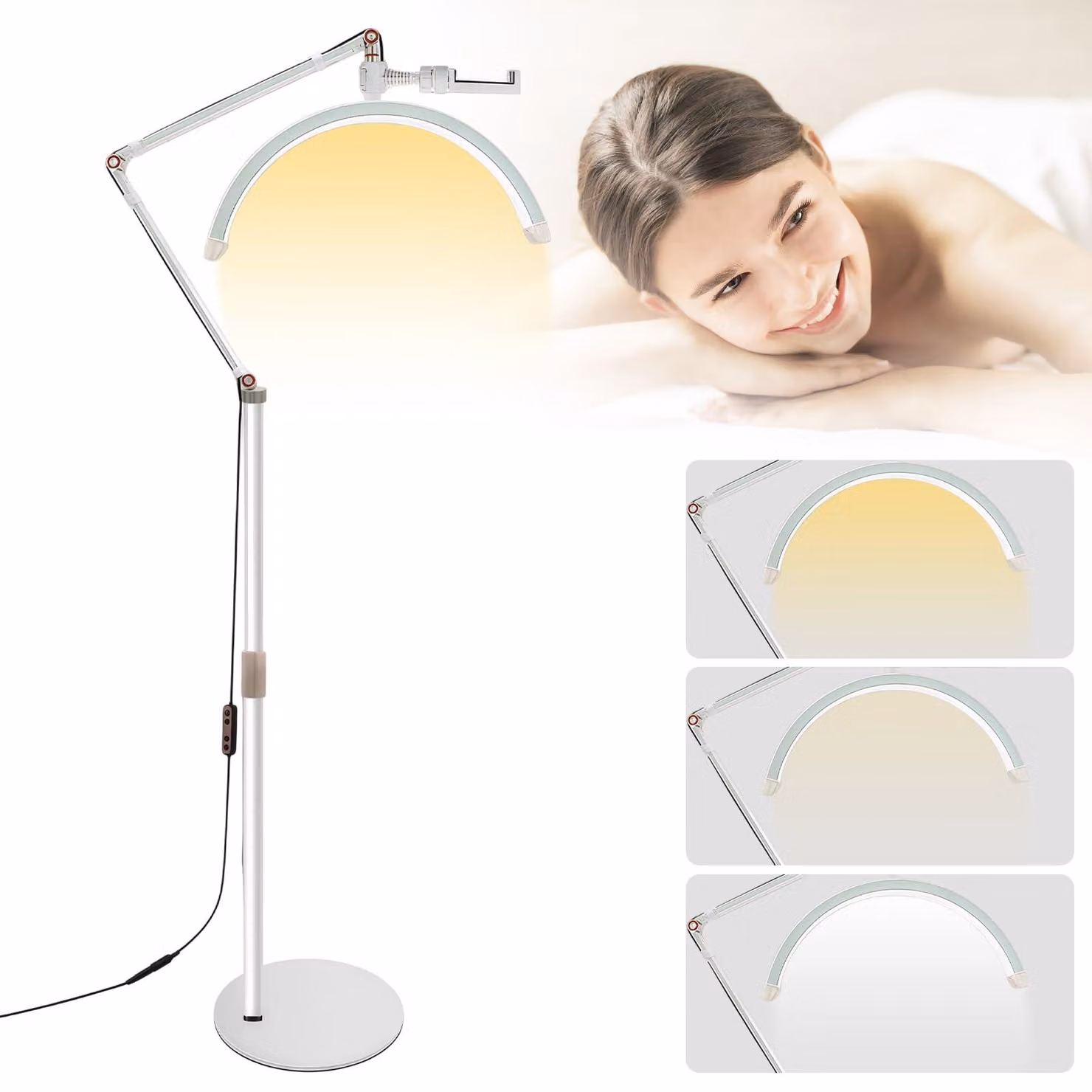 Lampada a forma di mezzaluna, con temperatura di colore tra 3000 e 6000 K, dotata di supporto per telefono e morsetto da tavolo, girevole a 360°, ideale per l'uso in ambito cosmetico