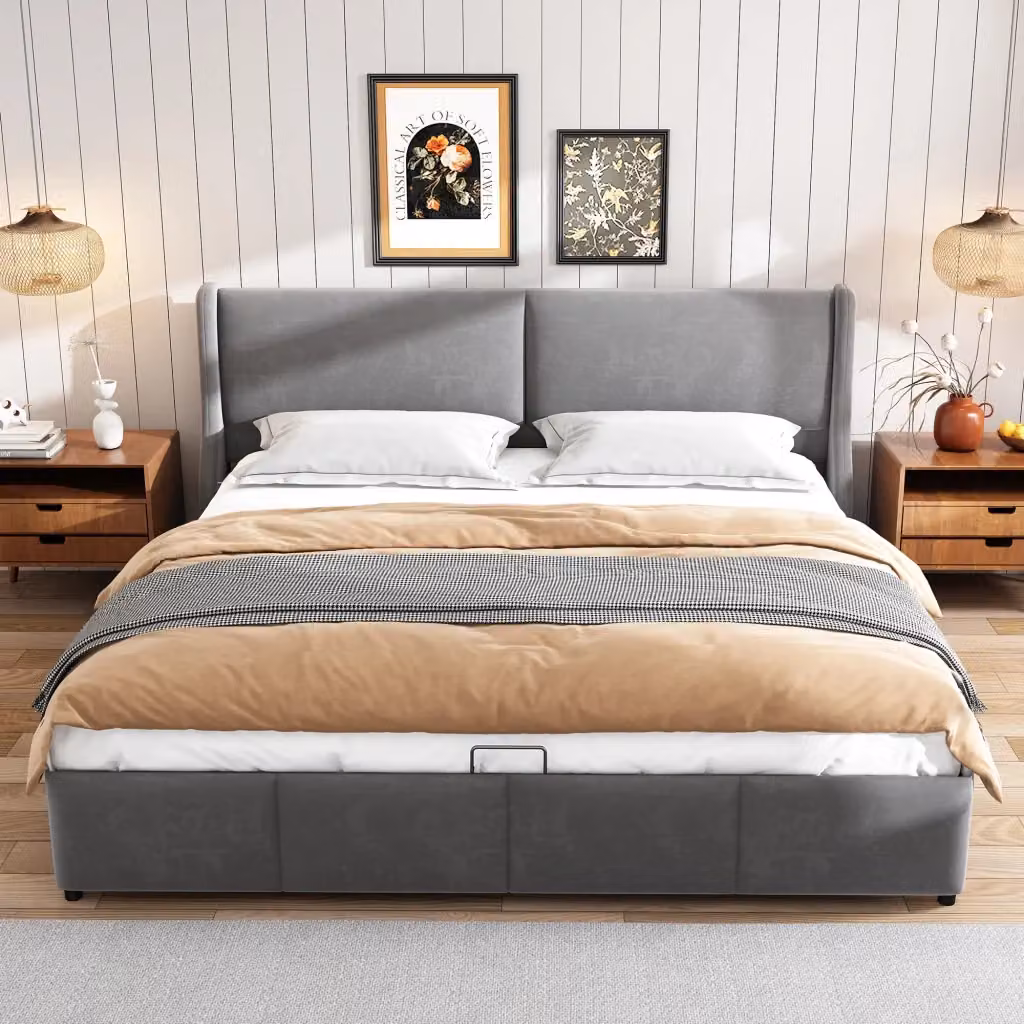 Letto Contenitore REDOM in Velluto Grigio con Rete a Doghe L/P: 180 x 200 cm – 2