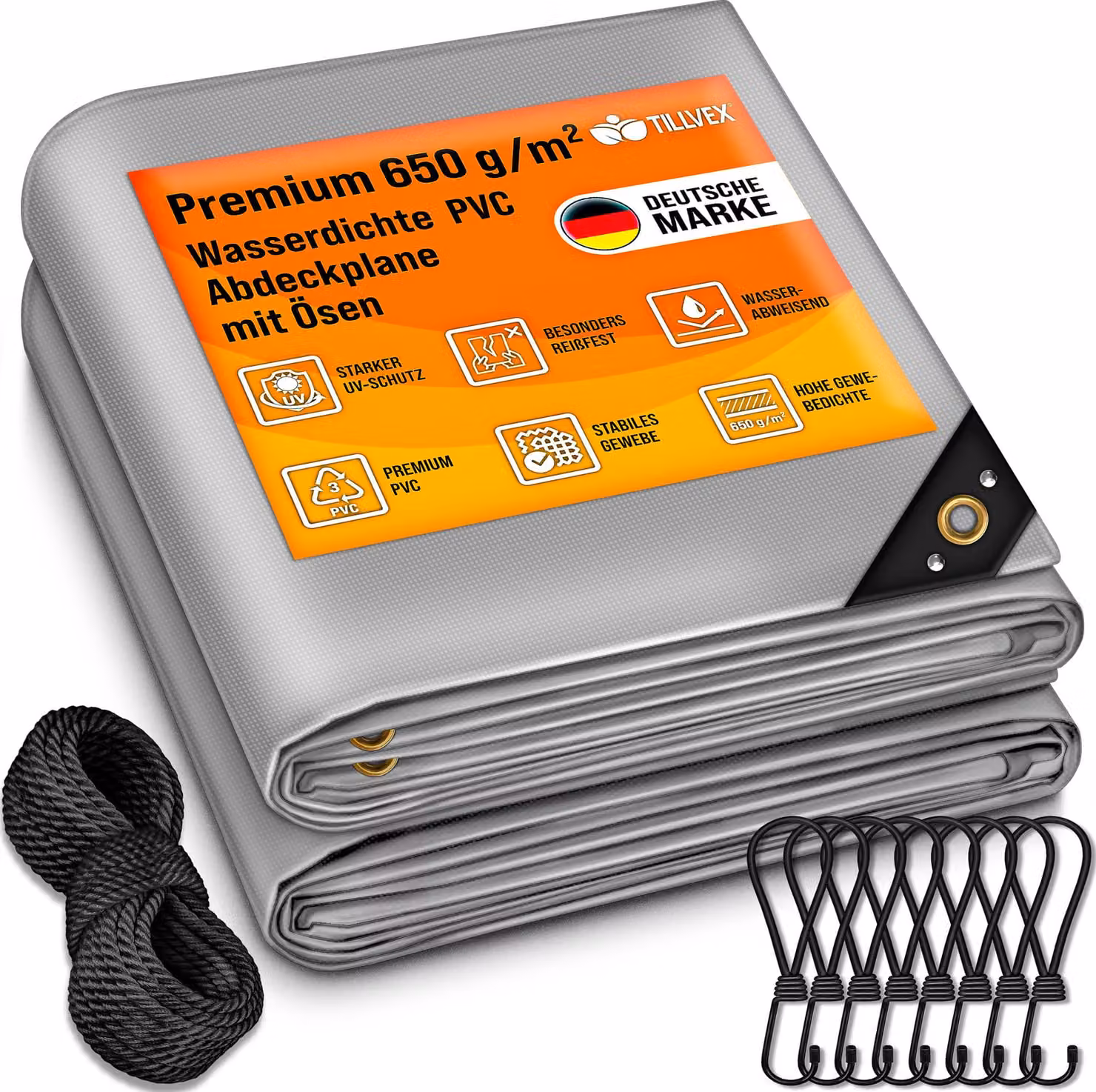 tillvex® telone grigio 3x6 m con occhielli + 10 ganci e 15 m di corda | telone in tessuto 650g/m² impermeabile e antistrappo | telone premium in PVC universale per camion, piscina, mobili da giardino in legno | telone per giardino