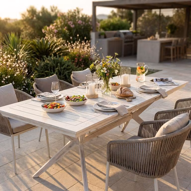 Milani Home - tavolo da giardino rettangolare allungabile, legno di acacia, 8 posti, bianco, piano 150/200 x 90 cm