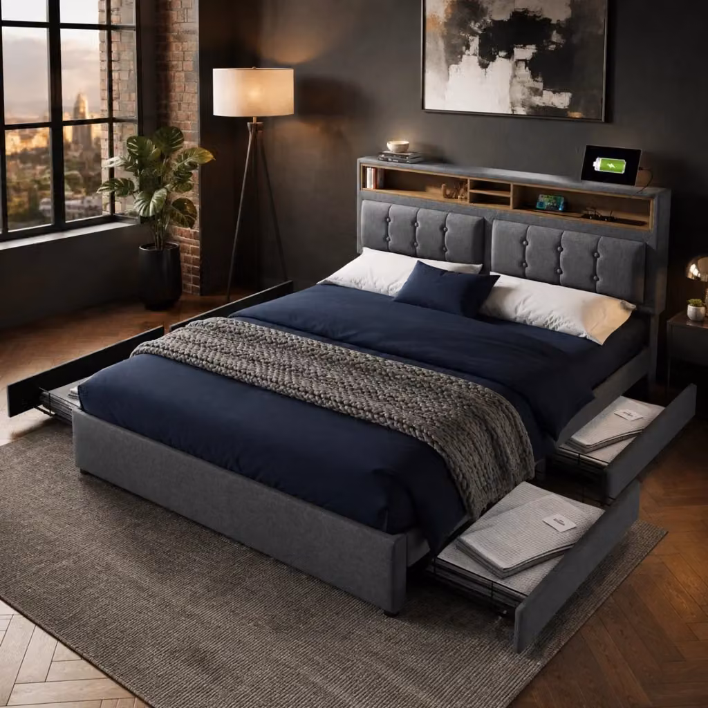 Letto Mivray con 4 cassetti e ricarica USB Type-C, testiera regolabile e ripiano, rivestimento in tessuto grigio, L/P/H: 140 x 200 x 104 cm – 2