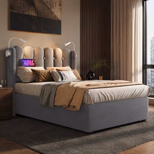 Letto contenitore singolo ULEVR 90x200 cm con luce da lettura flessibile e USB, velluto grigio