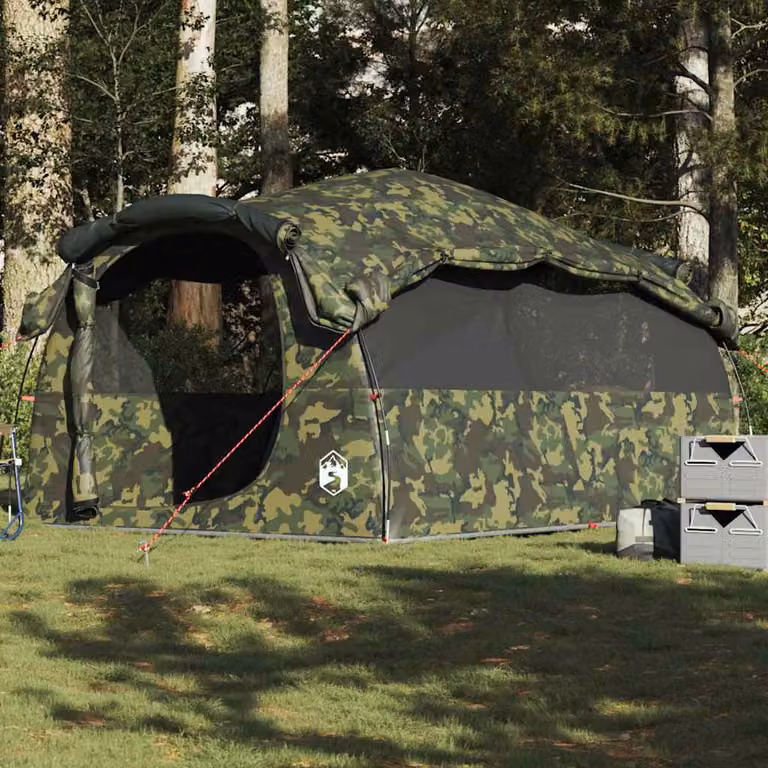 Tenda Familiare a Tunnel vidaXL per 6 Persone, Mimetica Verde, Impermeabile in Poliestere e Fibra di Vetro