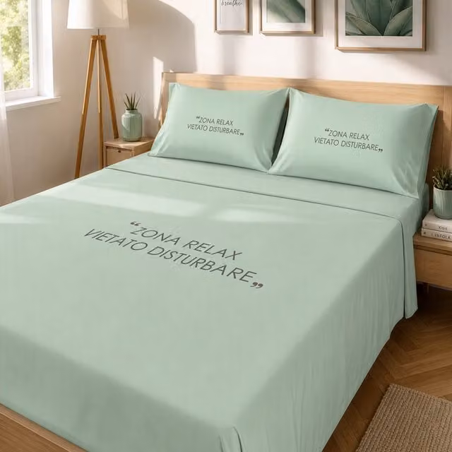 Completo letto matrimoniale KASANOVA in cotone verde con stampa grafica Quotes 160x200 cm