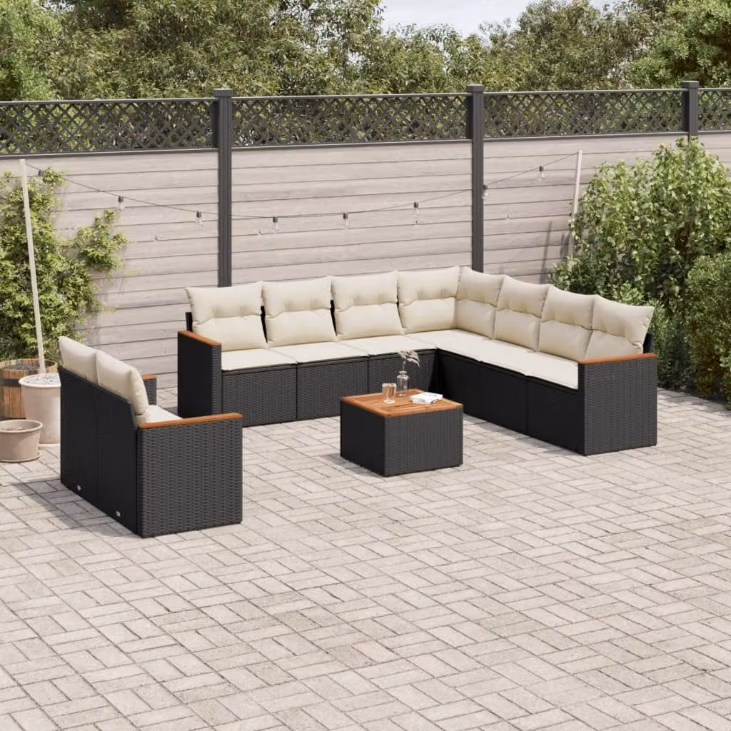 Set di Divani da Giardino vidaXL 10 Pezzi con Cuscini e Tavolino, Polyrattan Nero e Struttura in Acciaio Verniciato a Polvere – 1