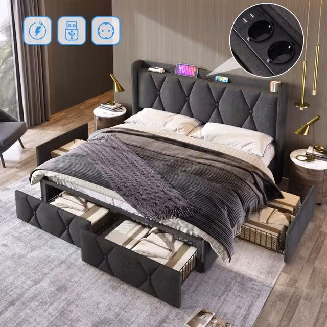 Letto matrimoniale 140×200 cm con 4 cassetti, 2 prese e 2 USB, senza materasso, rivestito in lino grigio