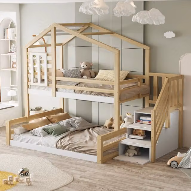 Letto a castello due posti 90 × 200 cm e 140 × 200 cm, scala contenitore e finestre, senza materasso, pino naturale