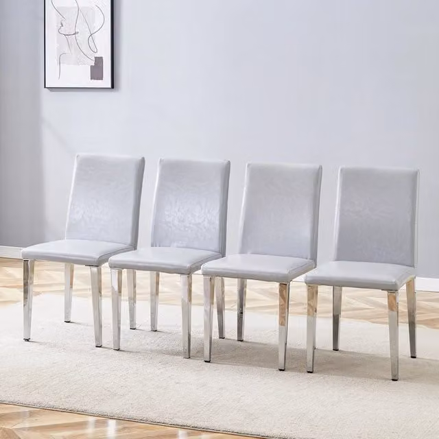 Set di 4 sedie da pranzo moderne OKWISH in ecopelle grigia con gambe in metallo argento