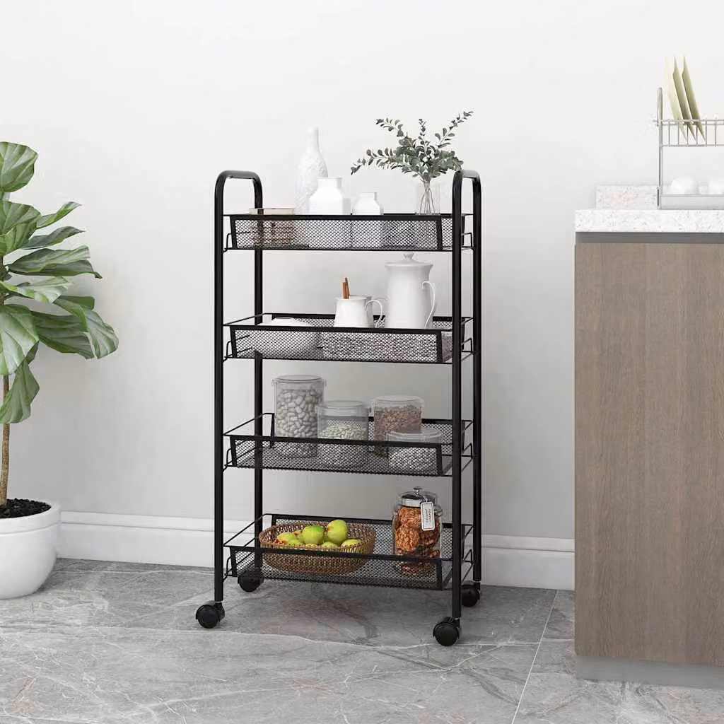 Carrello da cucina vidaXL con 4 ripiani in metallo nero con ruote L/P/H: 46 x 26 x 64 cm
