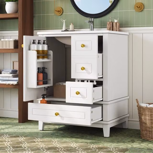Mobile bagno autoportante 61 cm bianco laccato, 3 cassetti, anta singola con ripiani, ampio spazio sotto lavabo. Rubinetto non incluso