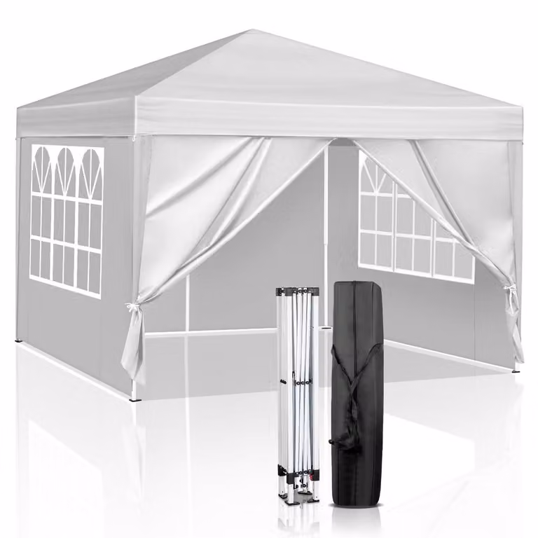 Gazebo da esterno 3x3 metri, colore bianco, impermeabile, con protezione UV 50+, dotato di 4 pannelli laterali in tessuto Oxford 420D