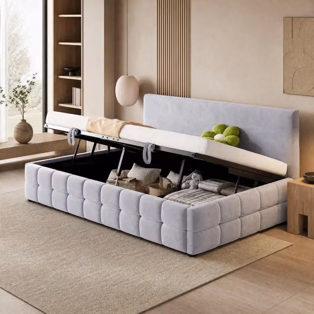 Letto imbottito 90x200 cm grigio chiaro in velluto con vano contenitore idraulico