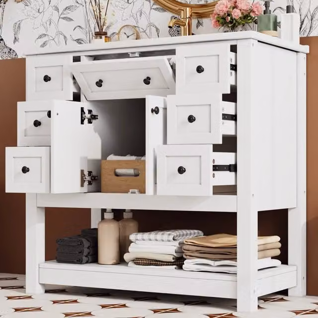 Mobile lavabo 91.5x46.5x90 cm con 6 cassetti e lavabo integrato in MDF e ceramica bianco