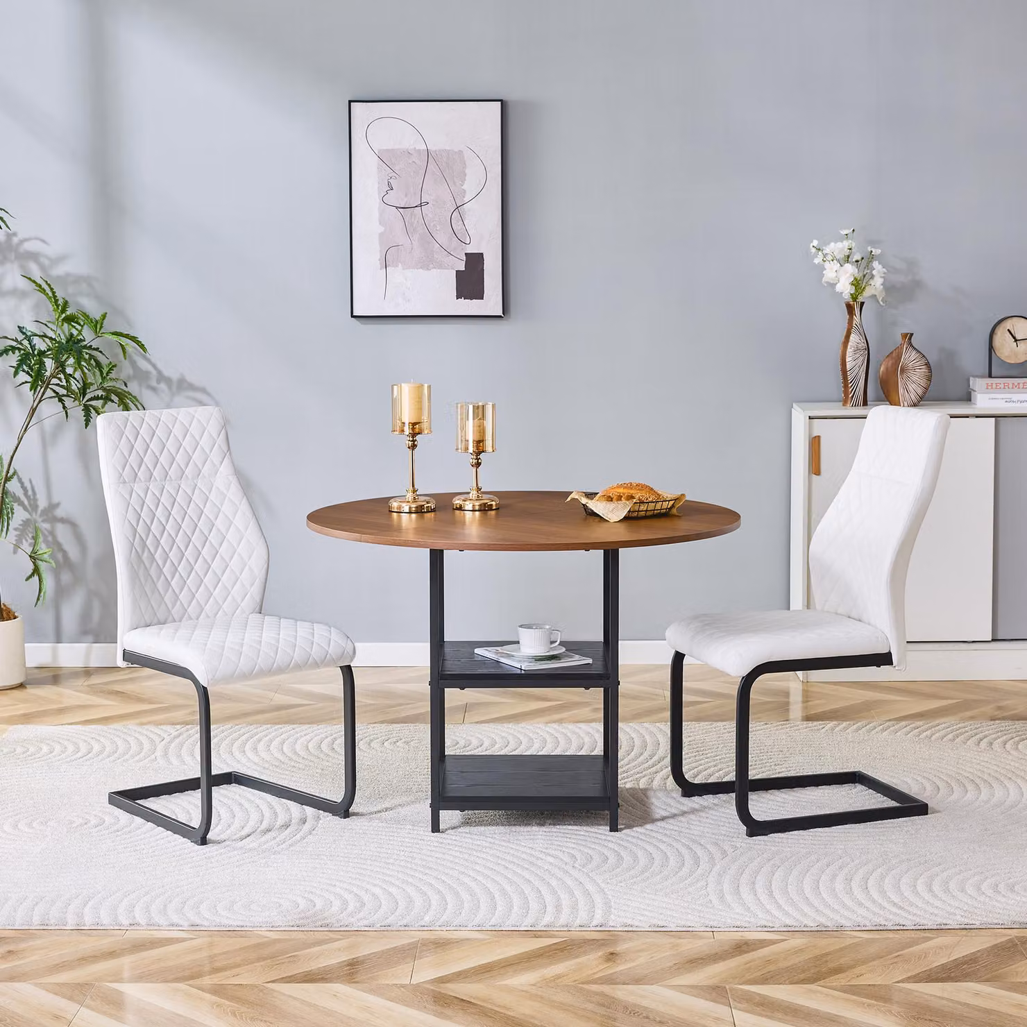 Tavolino rotondo da 60 cm, in MDF, con finitura termoformata, effetto legno, e base in metallo (disponibile nelle finiture noce, bianco e nero)