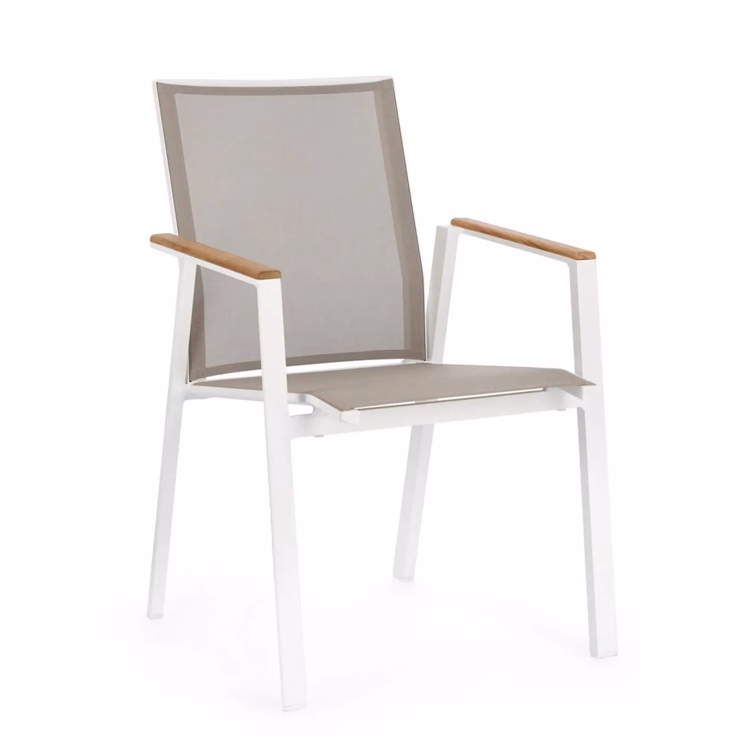 Set 4 sedie da giardino CAMERON in textilene grigio tortora con inserti in teak e struttura in alluminio bianco