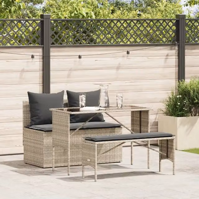 Set Pranzo da Giardino 3pz con Cuscini Grigio Chiaro Polyrattan 4104186