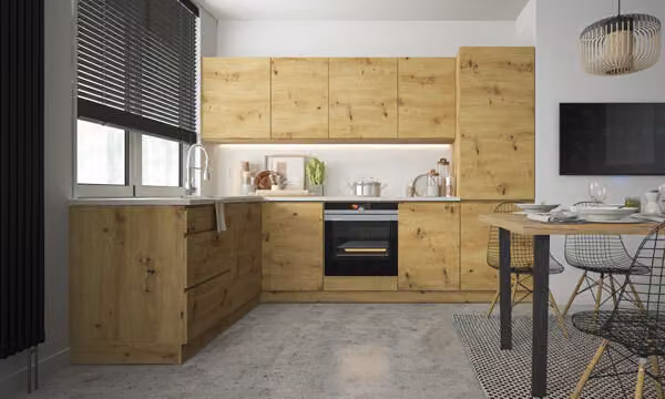 Blocco cucina a L "Fiuggi" 200x275cm estensione parziale rovere artigianale