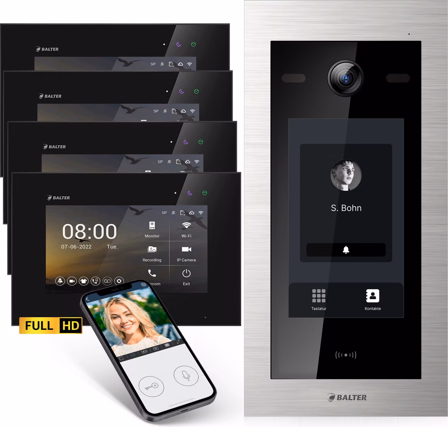 Videocitofono Balter EVO-HD con touchscreen nero, app per smartphone, casa 1 famiglia, monitor 4x 7 pollici, campanello con telecamera Full HD, bus a 2 fili