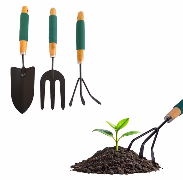 Set Zendea composto da 3 utensili da giardino, tra cui un rastrello per raccogliere le foglie, ideale come regalo