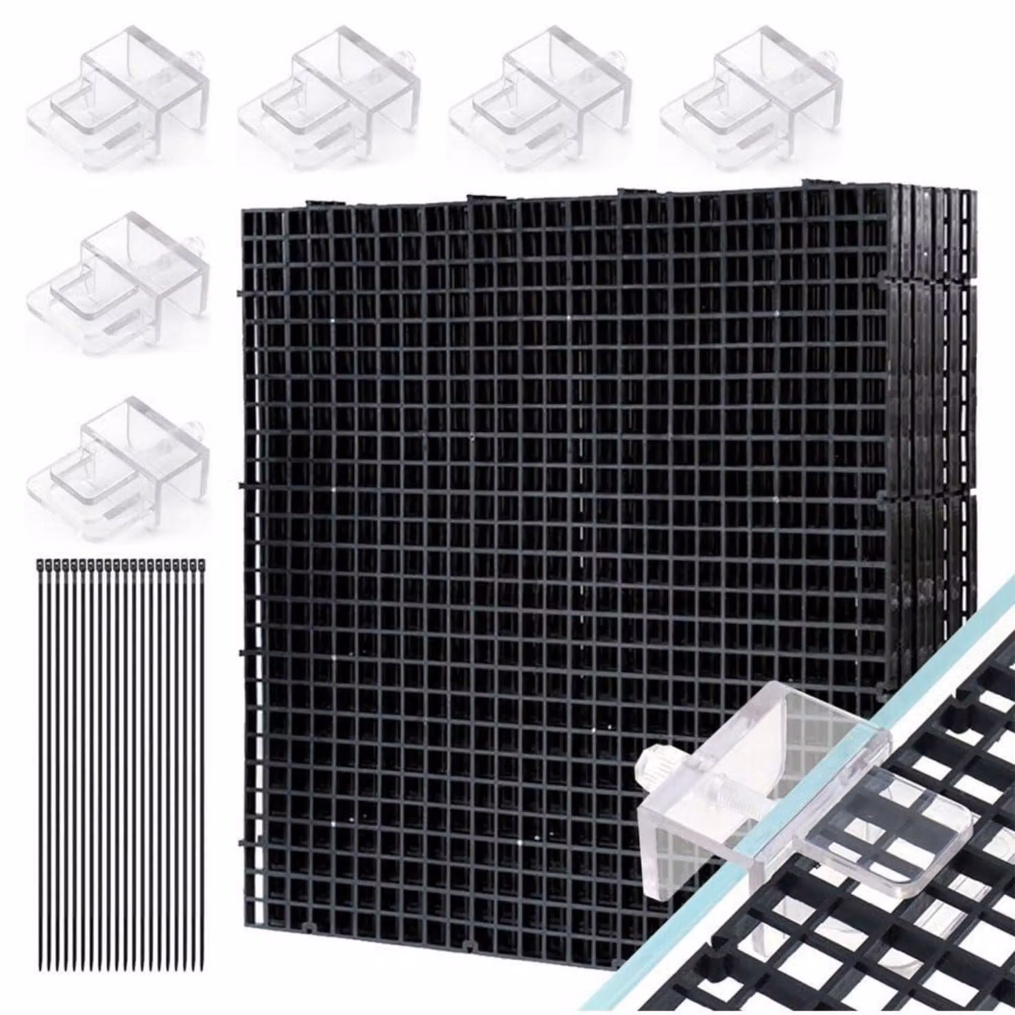 Copertura in plastica a griglia per acquario, set da 8 pezzi, dimensioni 30x30 cm, colore nero.