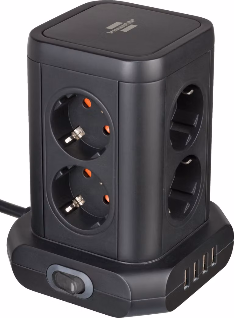brennenstuhl® 1153560000 Torre di prese - 8 prese + 4x USB, 2 m, nero, con interruttore