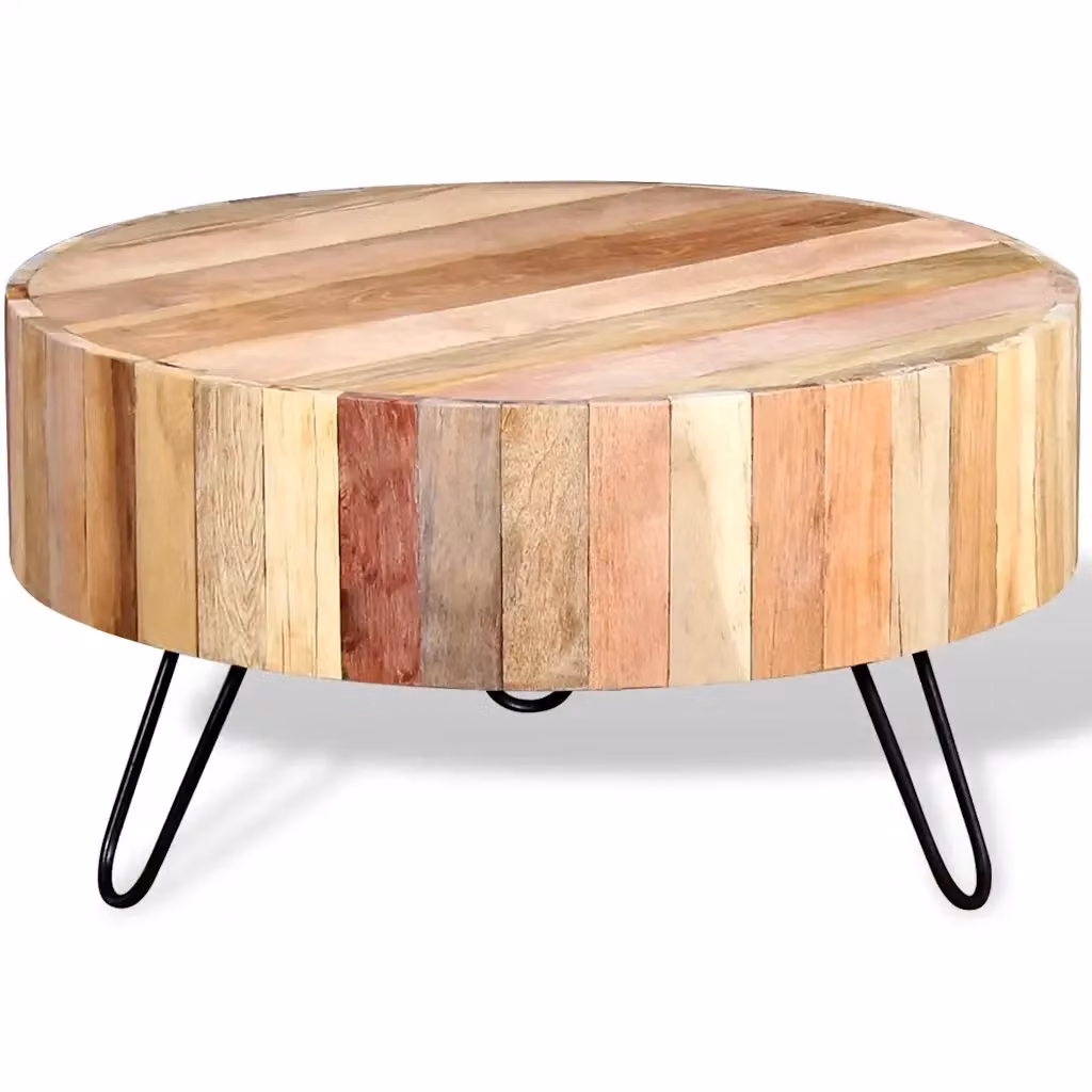 Tavolino da salotto rotondo vidaXL in legno massello di recupero e metallo, stile industriale, marrone e beige – 2