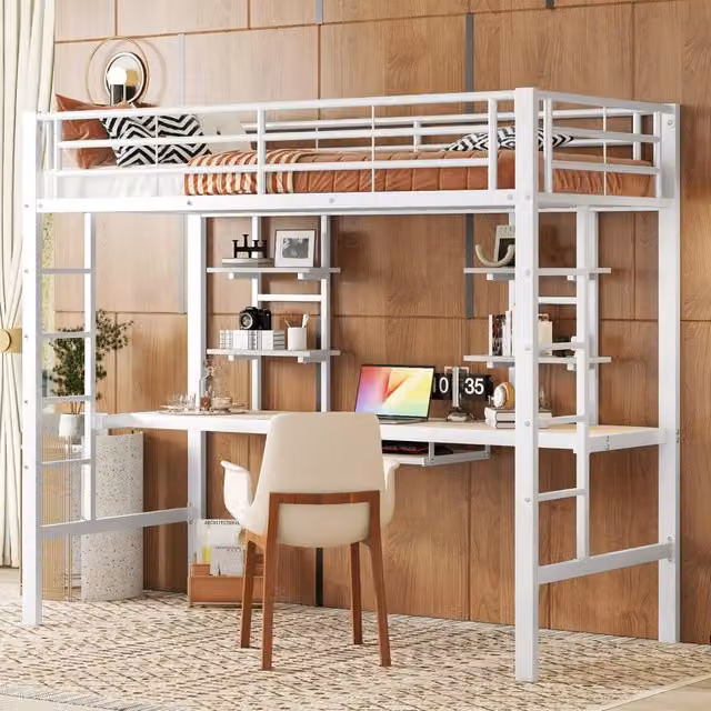 Letto a castello in metallo 90x200 cm con scrivania e due librerie, per bambini, ragazzi e adulti, Bianco
