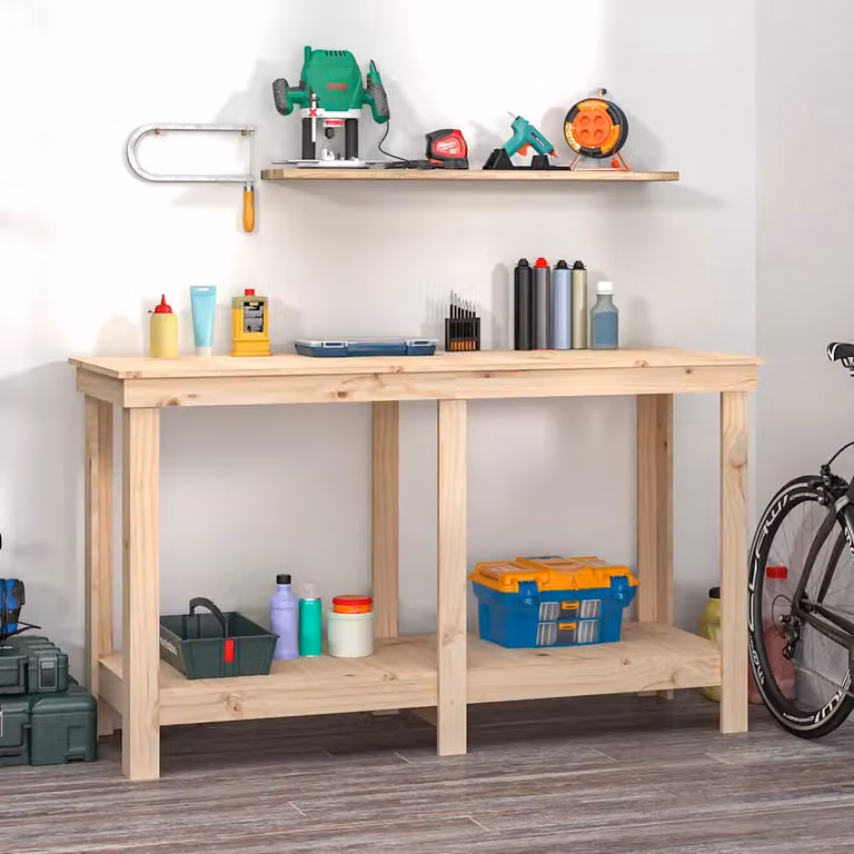 vidaXL Banco da Lavoro in Legno Massello di Pino Marrone L: 140 cm, P: 50 cm, H: 80 cm