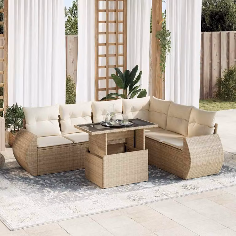 Set di divani da giardino vidaXL in polyrattan con cuscini beige, 7 pezzi
