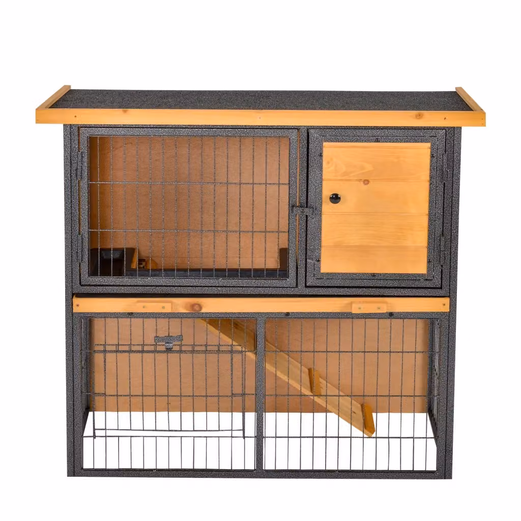 Gabbia per conigli Minimal a 2 livelli con 3 porte in legno di pino e metallo grigio, L: 120 cm, P: 60 cm, H: 100 cm – 2