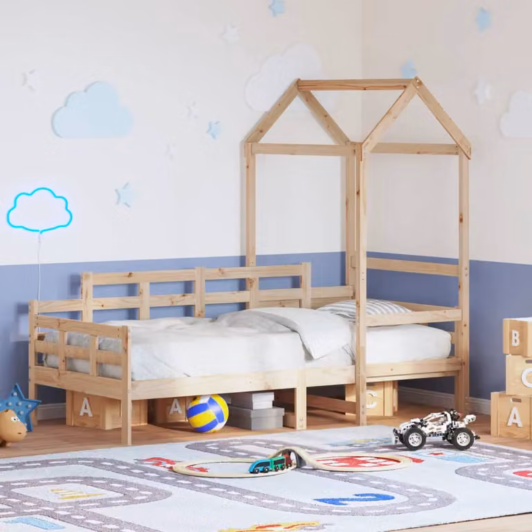vidaXL Dormeuse con Tetto per Bambini in Legno Massello di Pino, Colore Marrone, L/P/H: 200 x 80 x 190 cm