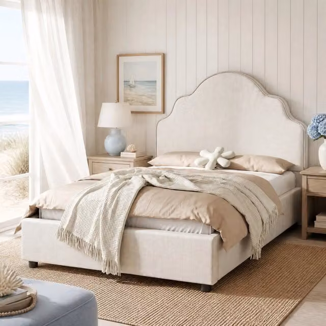 Letto singolo 90x200 cm con testiera imbottita dalle linee arrotondate in lino beige