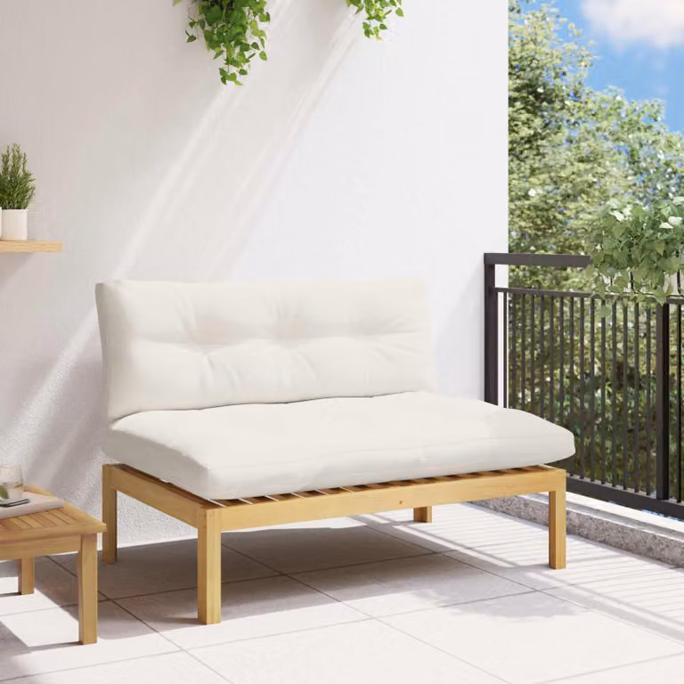 vidaXL Unità Divano Centrale in Legno di Acacia Trattato con Cuscini Bianchi e Beige per Giardino o Terrazza L/P/H: 120 x 80 x 82 cm