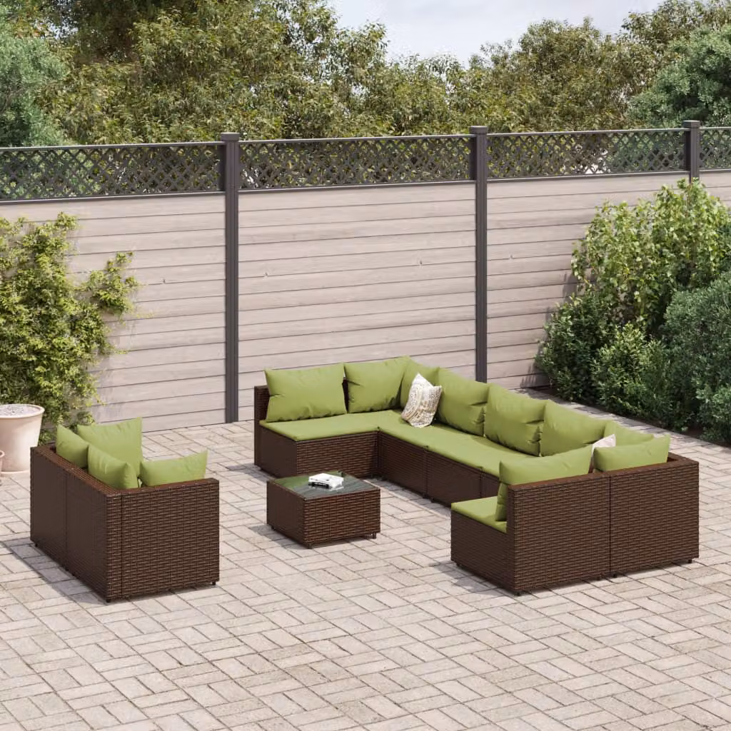 vidaXL Set Divani da Giardino a Forma di U con Cuscini e Tavolino, Polyrattan e Metallo, Marrone e Verde – 1
