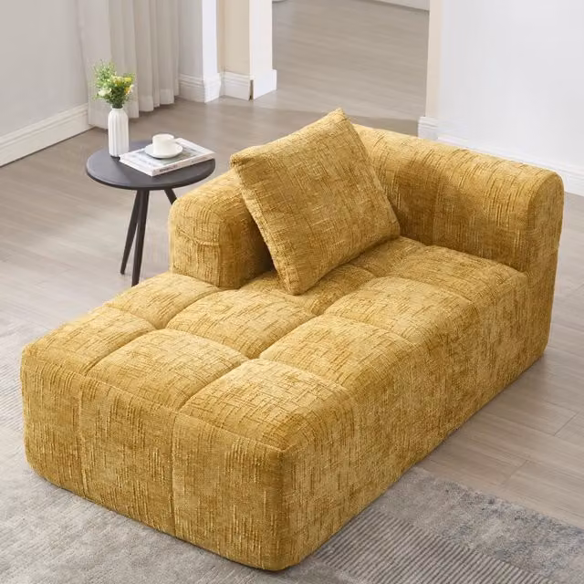 Divano chaise longue giallo 158 x 90 x 60 cm; monoposto con cuscino e tasche laterali; ciniglia