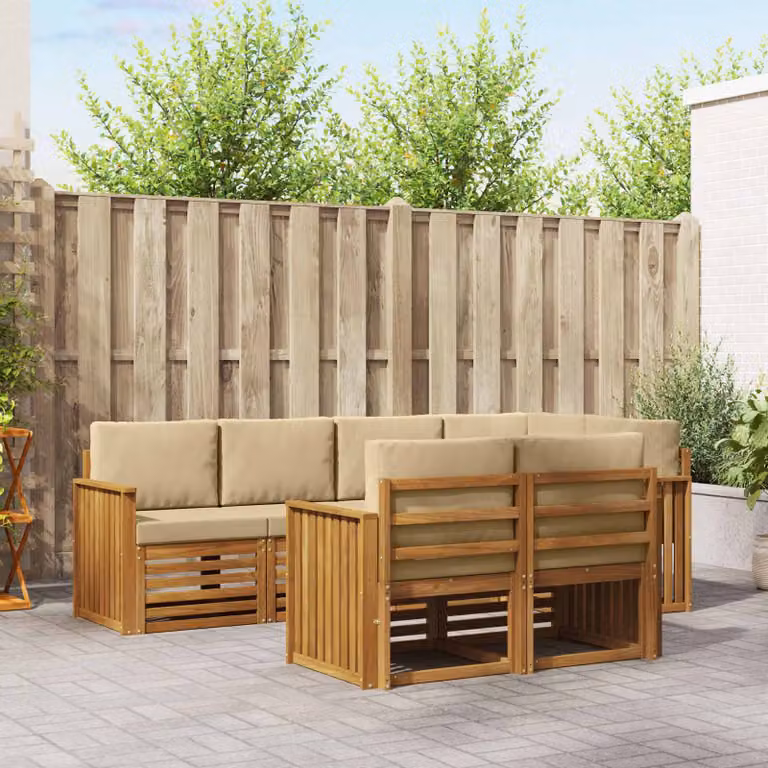 Set di divani da esterno vidaXL a forma di L composto da 7 pezzi in legno di acacia e tessuto beige e bianco con cuscini inclusi