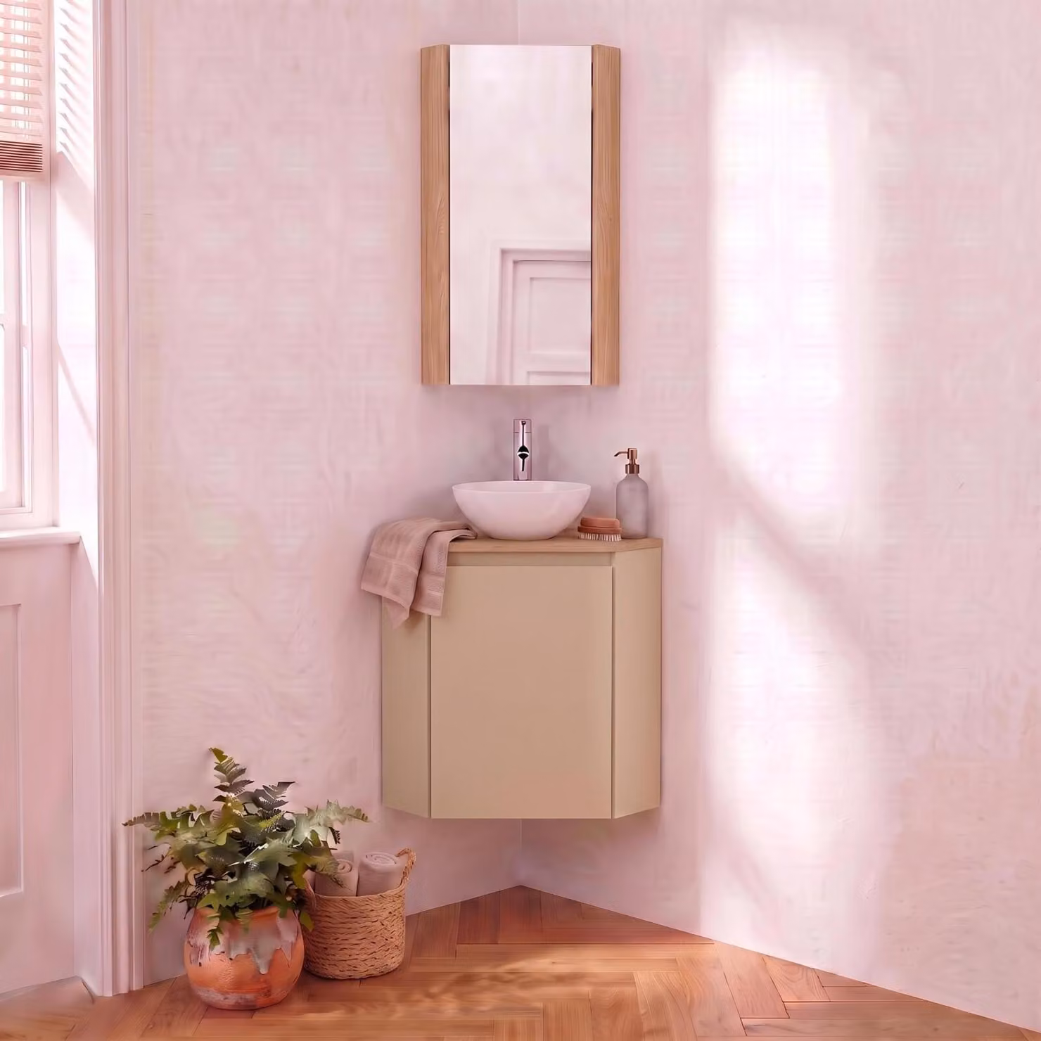 Set lavamani ad angolo con lavabo, rubinetto e pensile da bagno SORRENTO