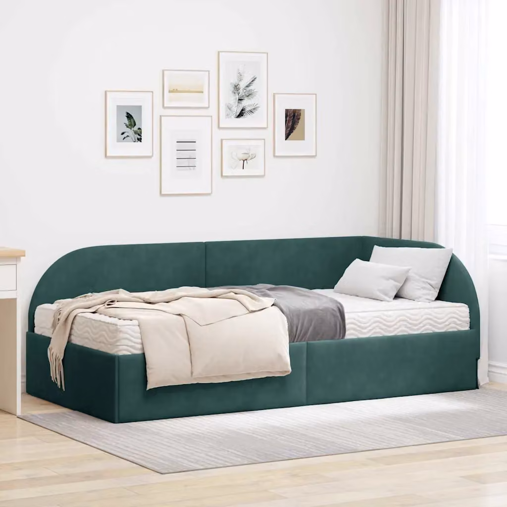 vidaXL Struttura Letto Angolare con 2 Materassi in Schiuma, Rivestimento in Velluto Verde, L/P/H: 200 x 90 x 72 cm – 1