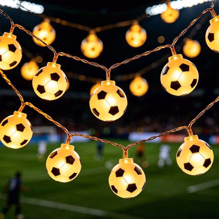 Catena luminosa a forma di pallone da calcio, lunghezza 1,5 metri, 10 LED, alimentata a batteria, luce bianco caldo