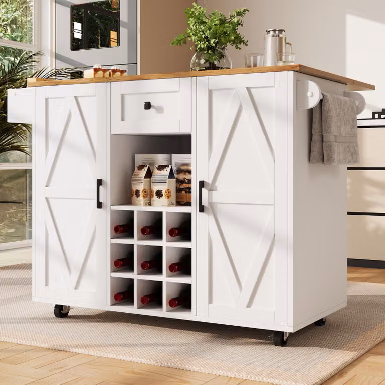 Isola da cucina con spazio contenitivo, isola da cucina pieghevole in MDF e metallo, bianca, dimensioni 137,5 × 40 × 95,6 cm, con piano estensibile e ruote