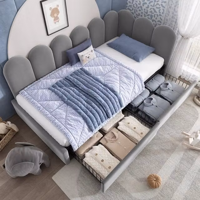 Letto da banco 90x190 cm Letto singolo con cassetti 2; lati reversibili; base a doghe; velluto grigio