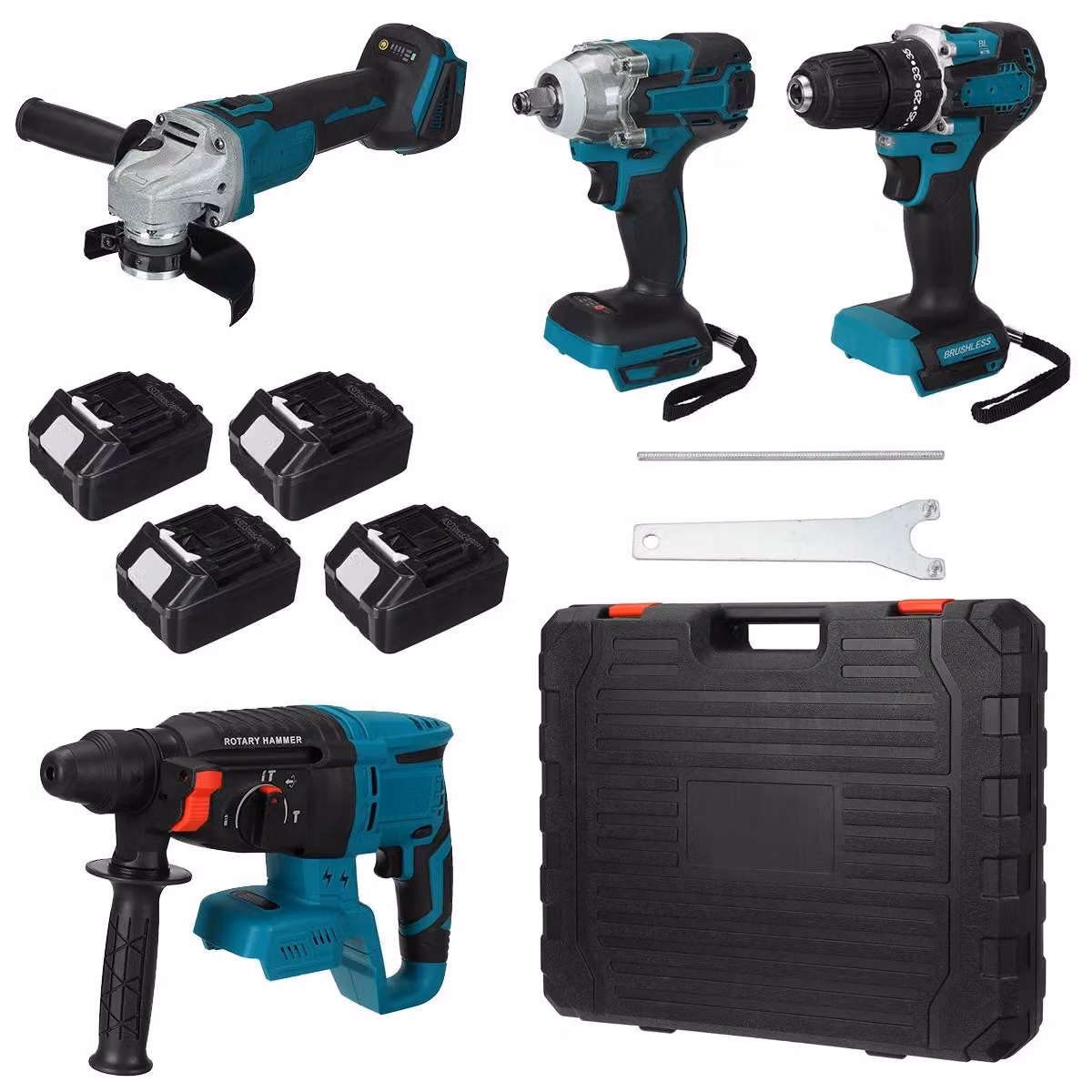 Kit di utensili a batteria - Set di utensili elettrici - Motore brushless - Avvitatore a impulsi 800 Nm - Smerigliatrice angolare 125 mm - Trapano a percussione 10 mm - 4 batterie