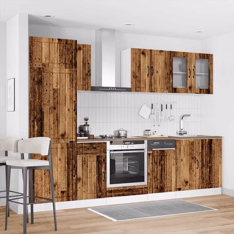 Set di mobili da cucina vidaXL Kalmar composto da 8 pezzi in stile rustico color marrone con ante in vetro e ripiani interni, L/P/H: 207 x 60 x 57 cm
