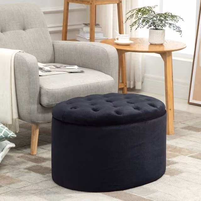 Pouf contenitore ovale imbottito in poliestere nero 71 x 51 x 44 cm